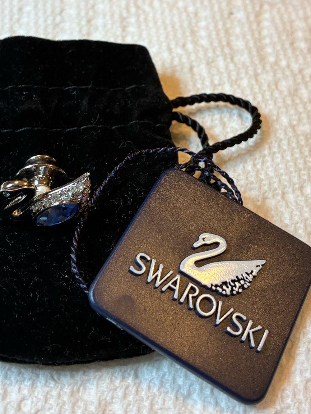 Swarovski Silver Swan Brooch with Blue and Clear Crystals